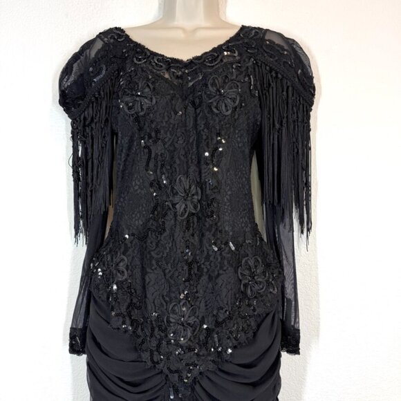 Vintage Black Beaded Fringe Gown Lace Ruched Sequin Cocktail Whimsigoth Dress M - Picture 7 of 17